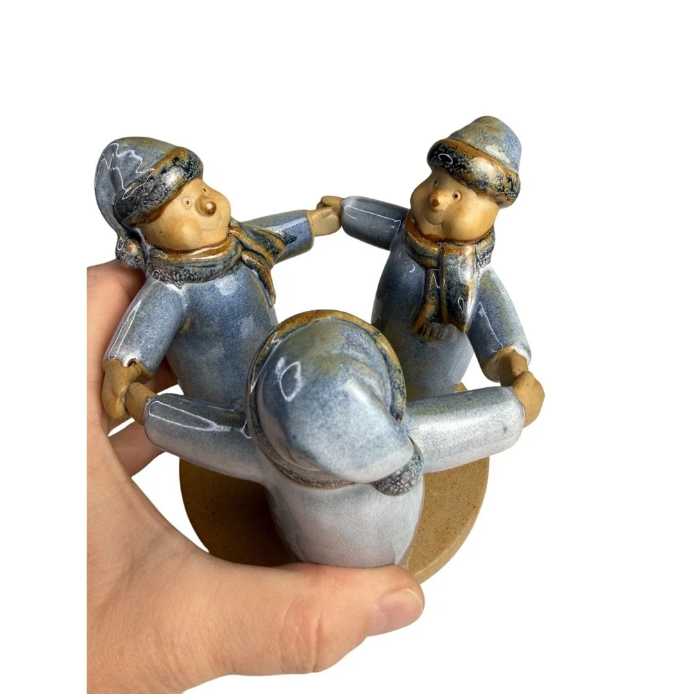 Vintage Ring Of 3 Sleepy Snowmen Holding Hands Christmas Candle Glazed Stoneware